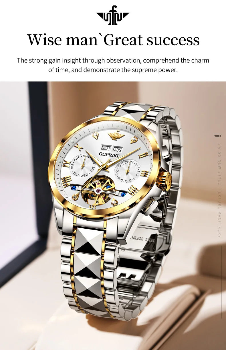 OUPINKE 3186 Men Watches Multifunctional Gold Tungsten steel Flywheel Waterproof Dual Calendar Display Male Wristwatch Classic