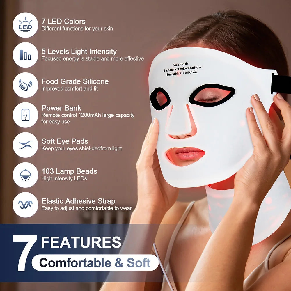 Silicone LED Mask Face And Neck 7 Colors LED Photon Red Light Infrared Therapy Flexible Facial Mask Repair Skin Wireless Use