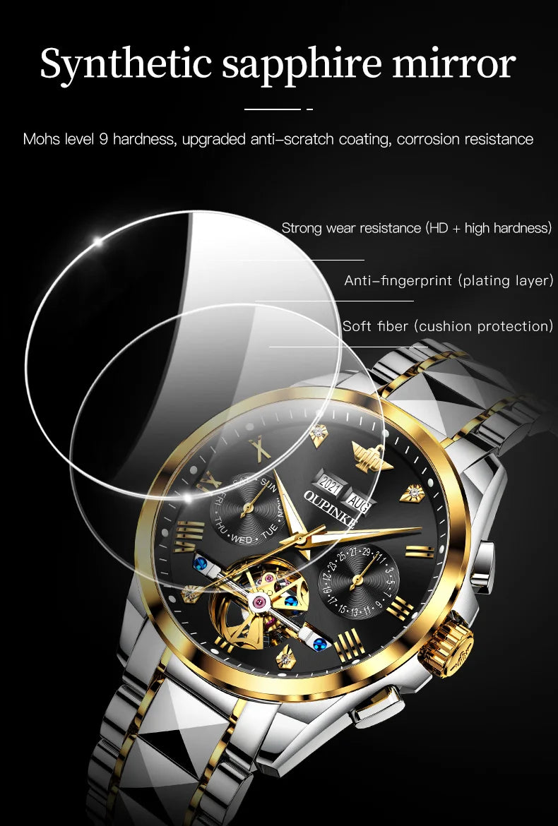 OUPINKE Tungsten Steel Automatic Mechanical Watch Men's 5Bar Waterproof Multi-functional Tourbillon Watches Relogio