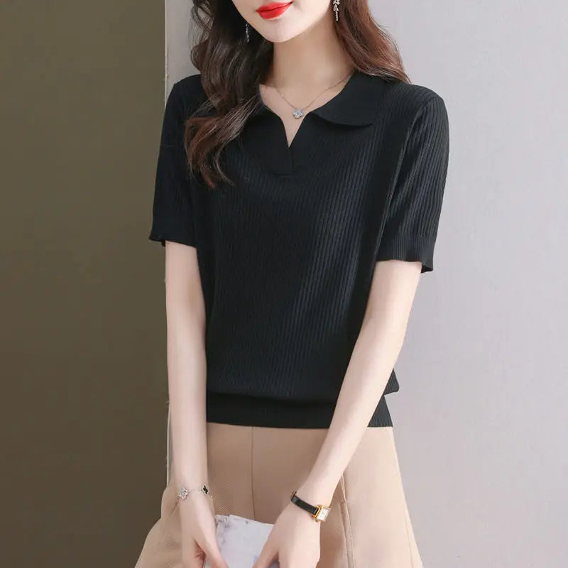 Knitted Short-sleeved T-shirt New Summer Design Sense Niche Tops Fashion Slimming Loose Ice Silk Body Shirt