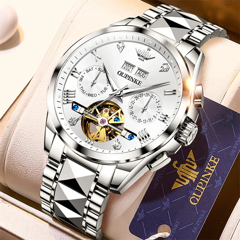 OUPINKE Tungsten Steel Automatic Mechanical Watch Men's 5Bar Waterproof Multi-functional Tourbillon Watches Relogio