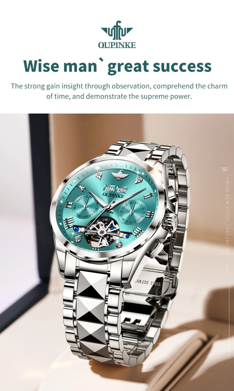 OUPINKE 3186 Men's Watches Luxury Mechanical Watch for Men Skeleton Flywheel Automatic Wristwatch Waterproof Luminous Man Watch