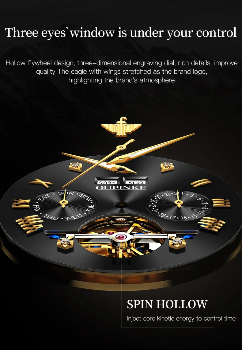 OUPINKE Tungsten Steel Automatic Mechanical Watch Men's 5Bar Waterproof Multi-functional Tourbillon Watches Relogio