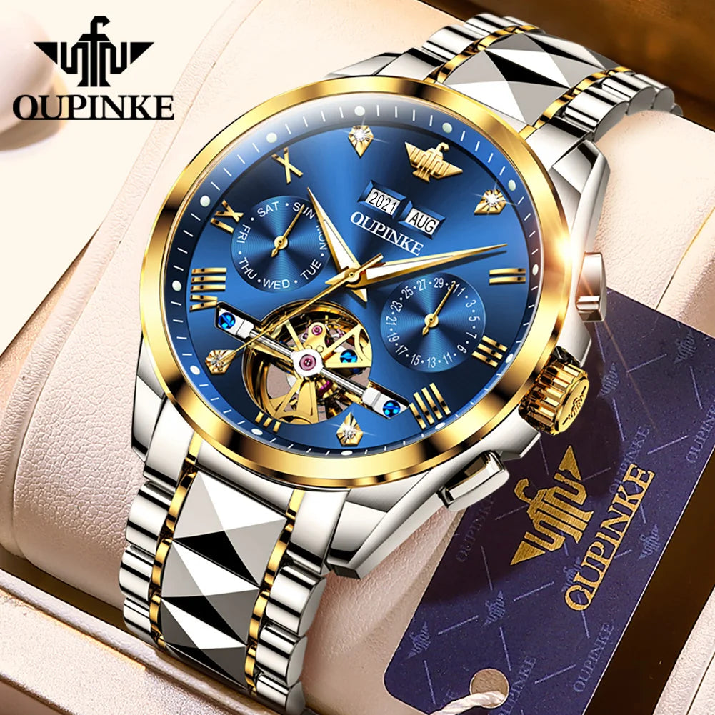 OUPINKE 3186 Men's Watches Skeleton Flywheel Automatic Mechanical Watch for Men Luxury Brand Dual Calendar Display Wristwatch