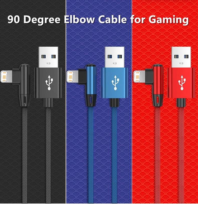 90 Degree Gaming Elbow Fast Charging USB Cable For iPhone 13 14 Pro Max X XR XS 11 12 mini 6S 7 8 Plus Quick Charge Data Cables