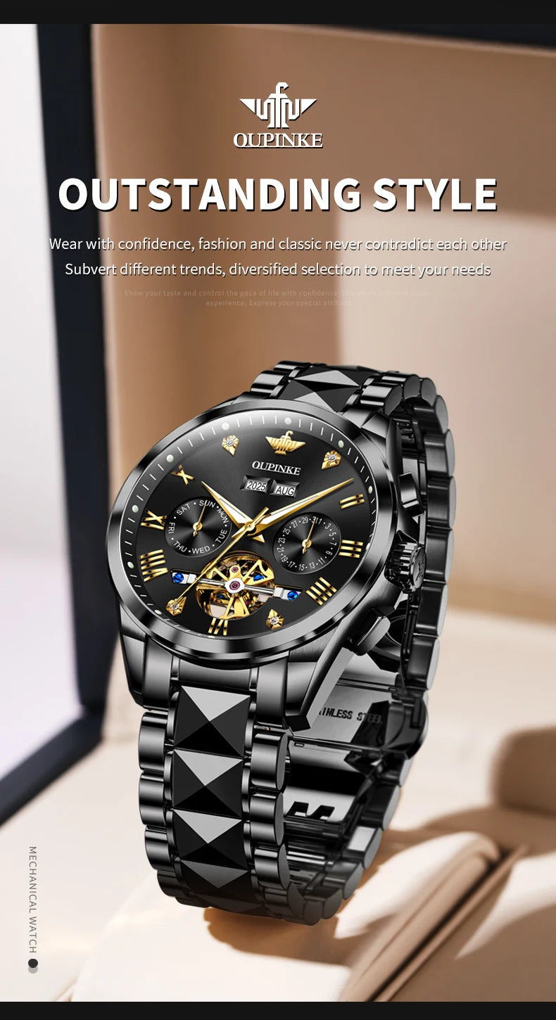 OUPINKE 3240 Skeleton Flywheel Multifunctional Automatic Mechanical Watches for Men 44mm Large Dial Tungsten Steel Luxury Watch