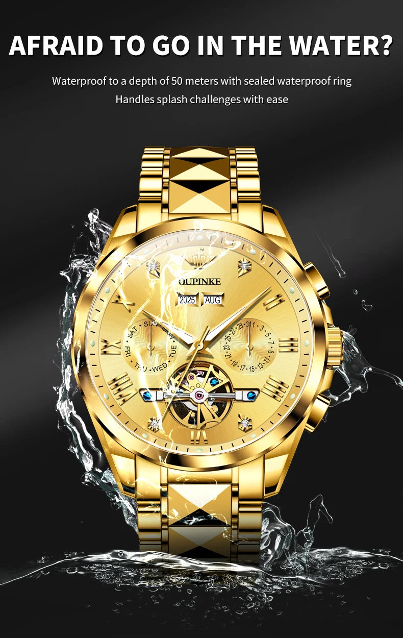 OUPINKE Men's Watches Top Brand Luxury Classic Original Automatic Mechanical Wristwatch Sapphire Mirror Tungsten Steel Calendar