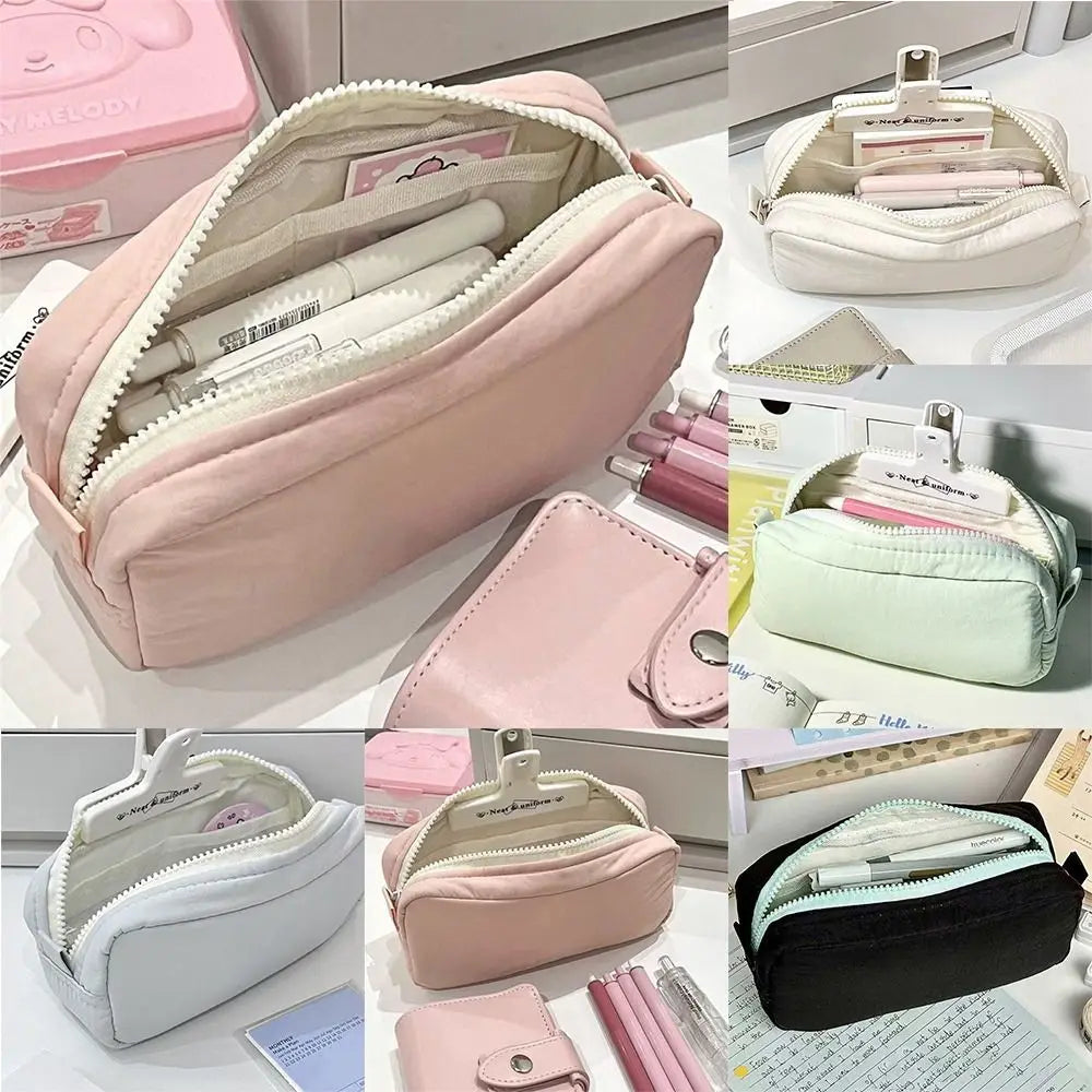 High Quality Solid Color Pen Bag Large Capacity Zipper Design Stationery Bag Portable Pen Box Back To School