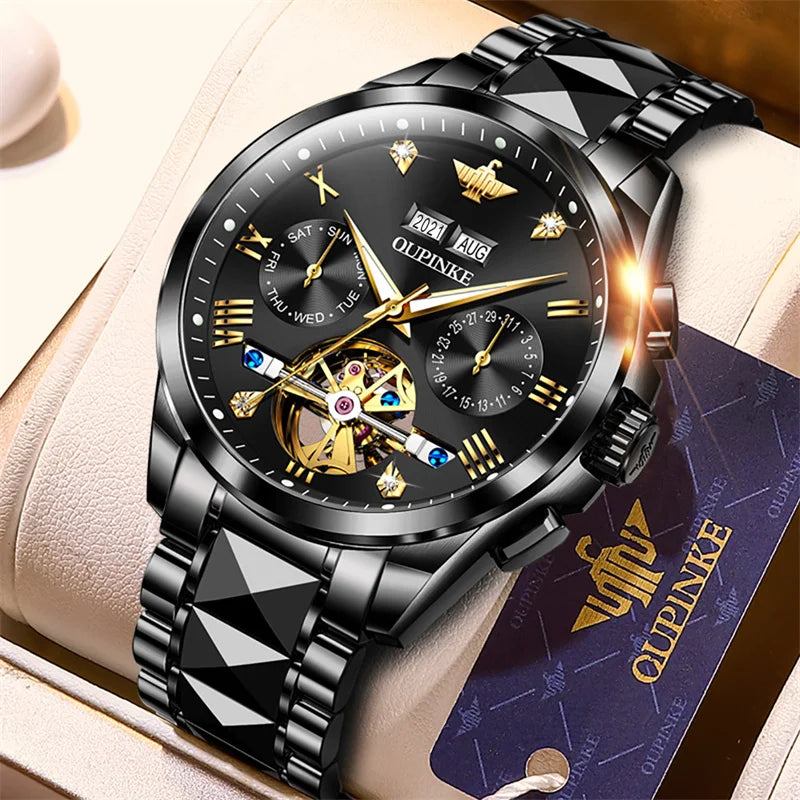 OUPINKE Tungsten Steel Automatic Mechanical Watch Men's 5Bar Waterproof Multi-functional Tourbillon Watches Relogio