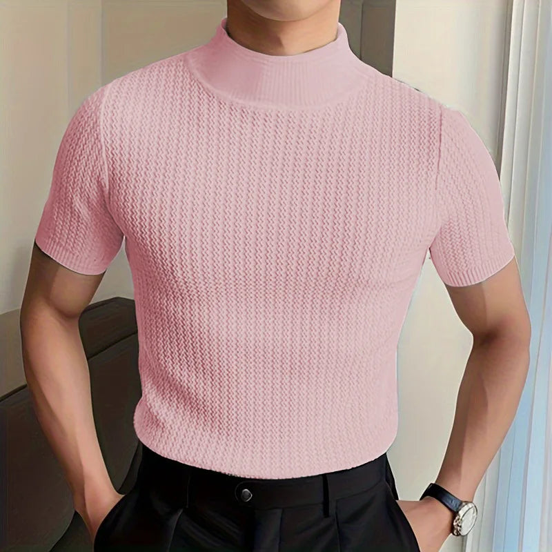 2024 Slim Fit Knitted T-shirt for Men Solid Turtleneck Casual Shirts Men's Short Sleeve Knit Sweater Bottoming Tops Streetwear