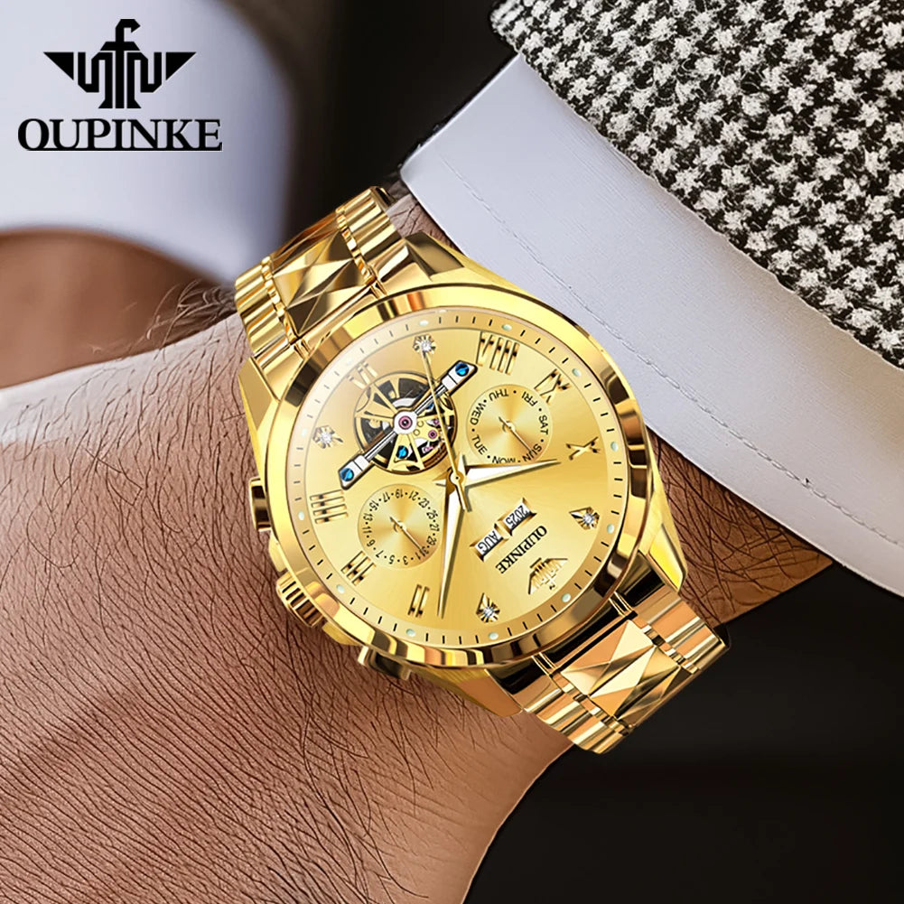 OUPINKE Men's Watches Top Brand Luxury Classic Original Automatic Mechanical Wristwatch Sapphire Mirror Tungsten Steel Calendar