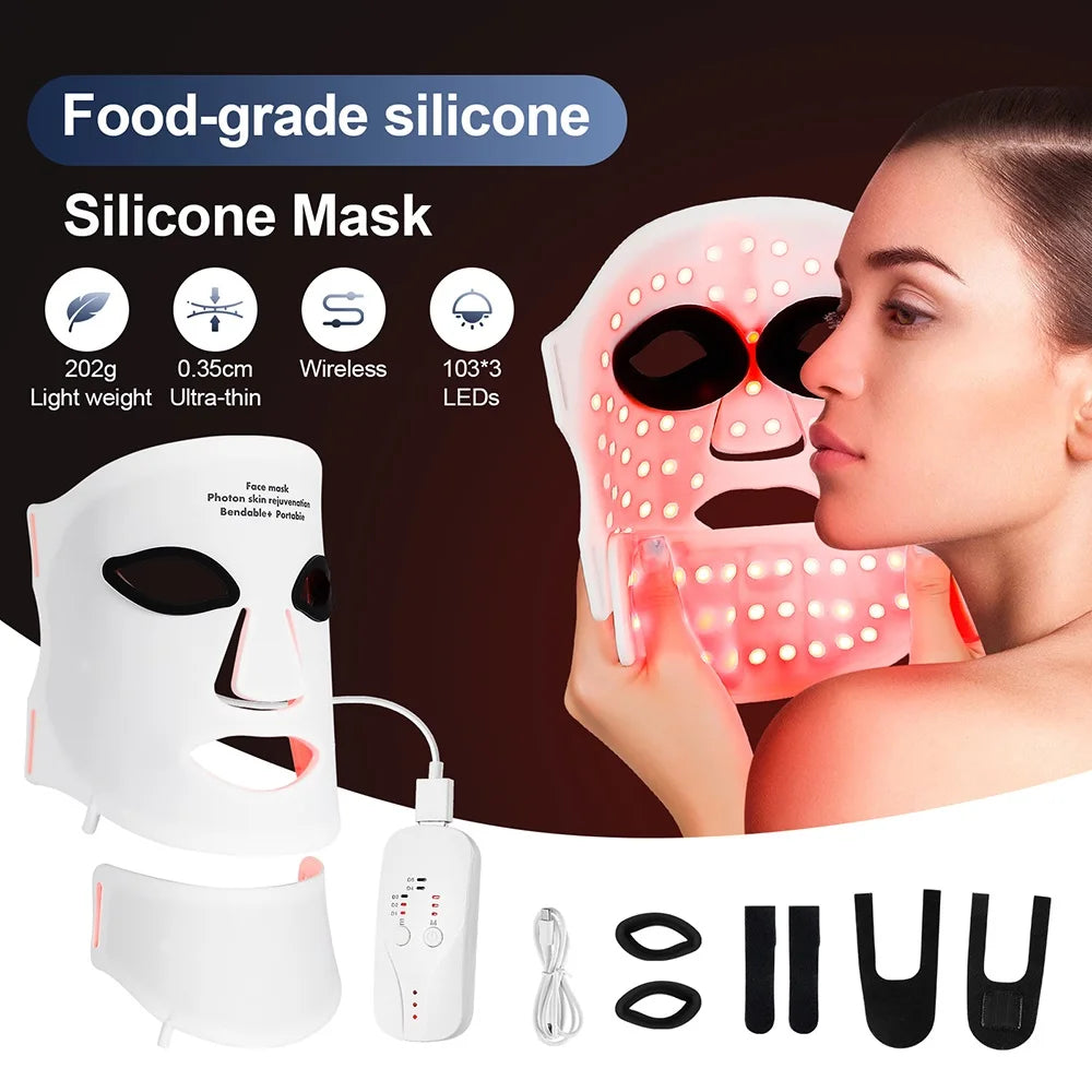 Silicone LED Mask Face And Neck 7 Colors LED Photon Red Light Infrared Therapy Flexible Facial Mask Repair Skin Wireless Use