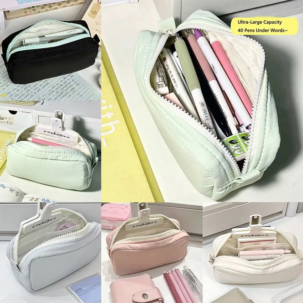 High Quality Solid Color Pen Bag Large Capacity Zipper Design Stationery Bag Portable Pen Box Back To School