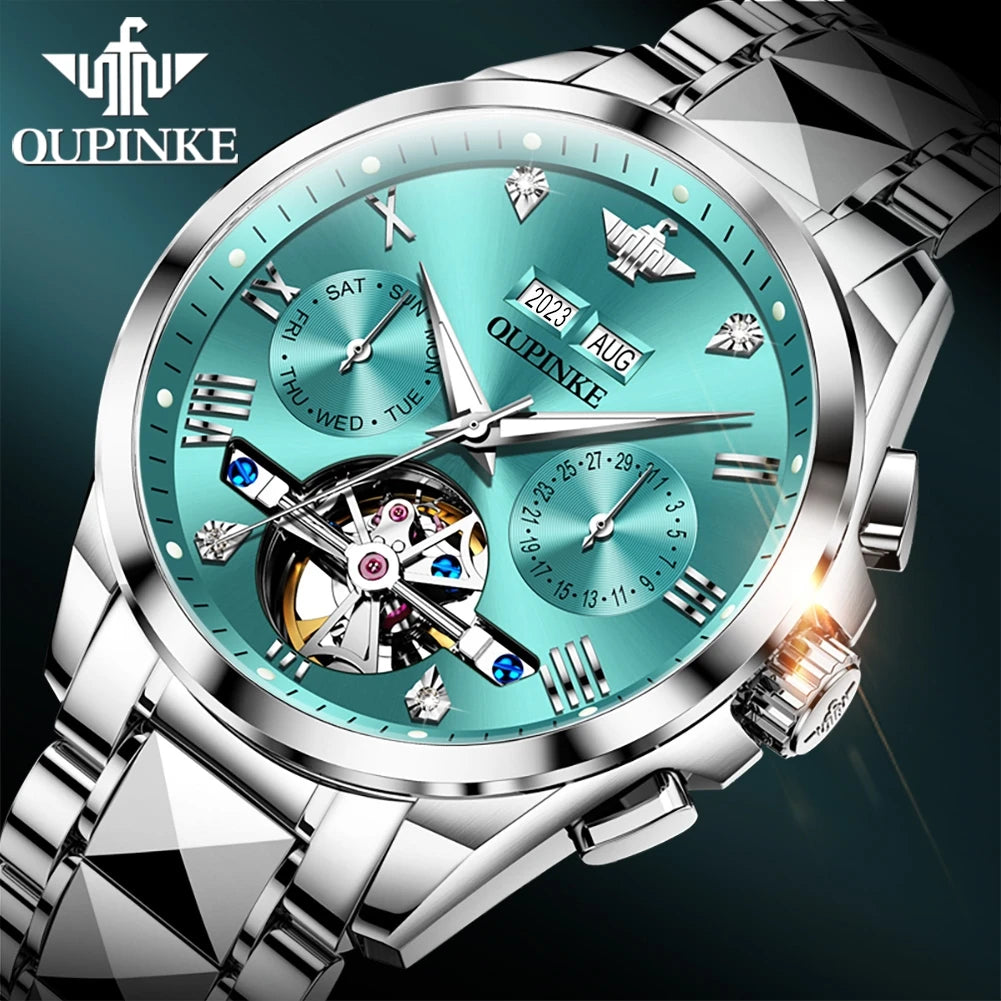 OUPINKE 3186 Men's Watches Luxury Mechanical Watch for Men Skeleton Flywheel Automatic Wristwatch Waterproof Luminous Man Watch