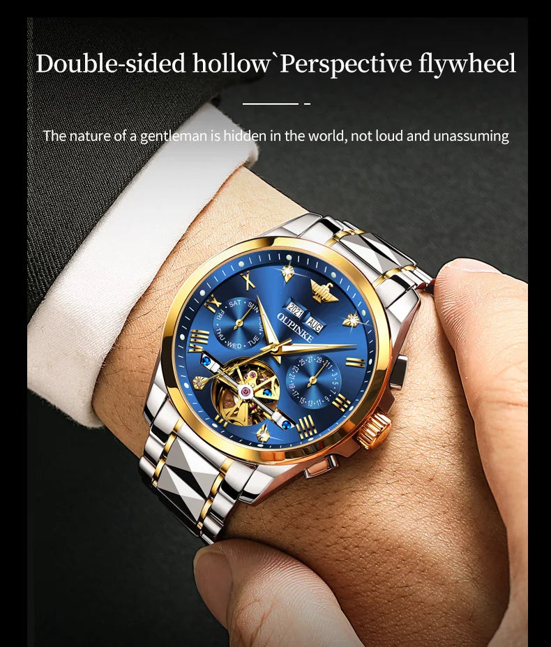 OUPINKE 3186 Men Watches Multifunctional Gold Tungsten steel Flywheel Waterproof Dual Calendar Display Male Wristwatch Classic