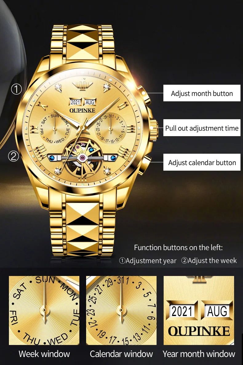 OUPINKE Classic Watch 3186 Multifunctional Skeleton Dial Waterproof Luminous Automatic Mechanical Watches
