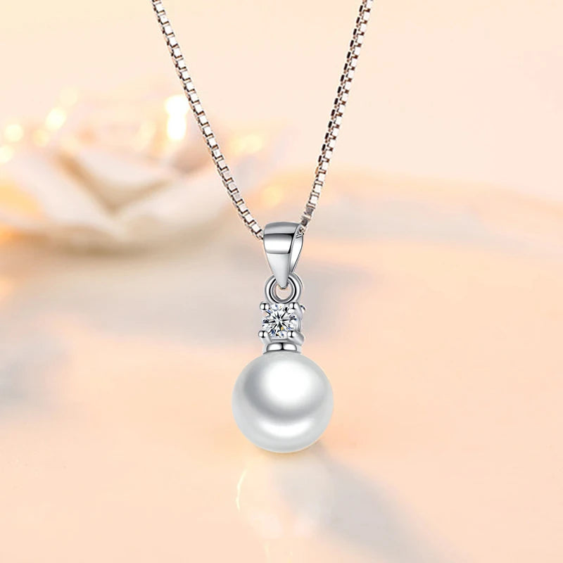 New Jewelry Women's 925 Sterling Silver Crystal Zircon Pearl Pendant Necklace Trendy FQL23255