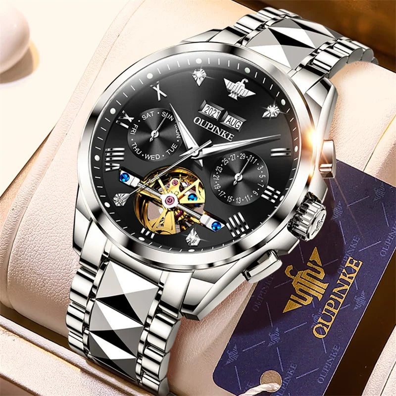 OUPINKE Tungsten Steel Automatic Mechanical Watch Men's 5Bar Waterproof Multi-functional Tourbillon Watches Relogio