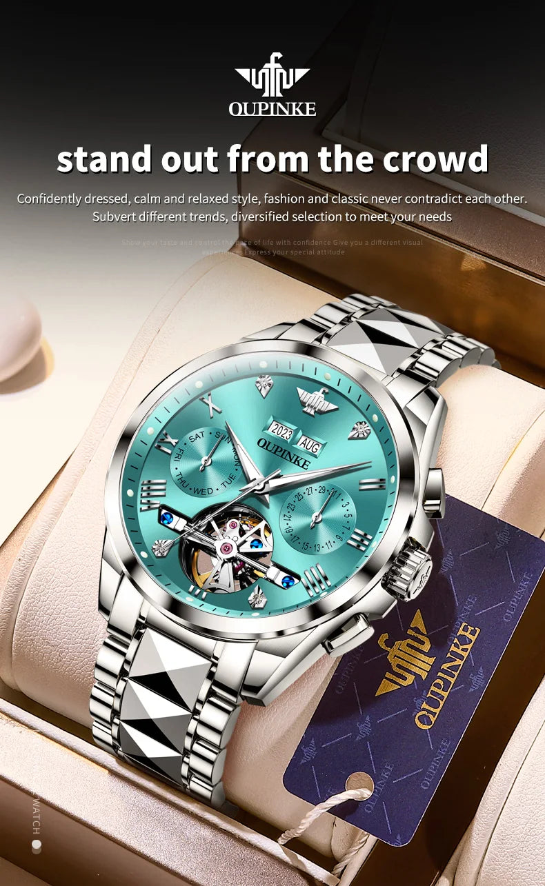 OUPINKE 3186 Men's Watches Luxury Mechanical Watch for Men Skeleton Flywheel Automatic Wristwatch Waterproof Luminous Man Watch