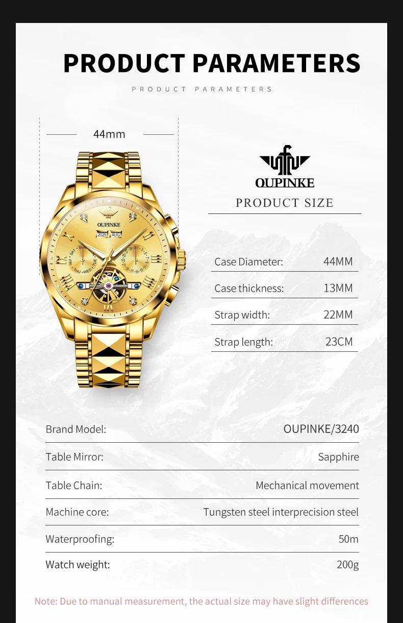 OUPINKE Men's Watches Top Brand Luxury Classic Original Automatic Mechanical Wristwatch Sapphire Mirror Tungsten Steel Calendar