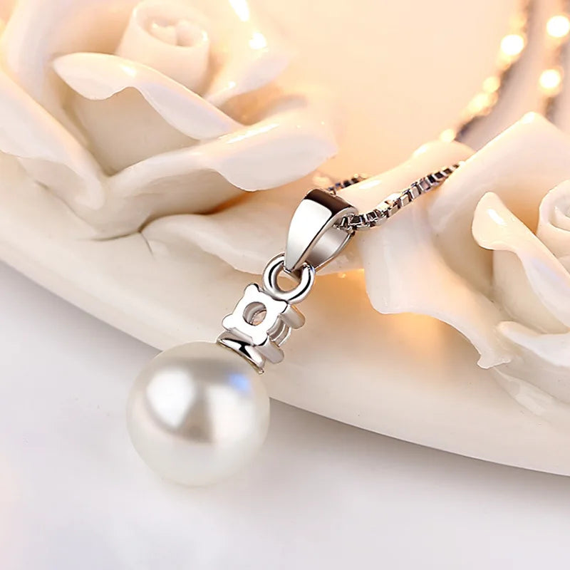 925 Sterling Silver White Pearl Pendant Necklace for Women Shiny Cubic Zirconia Elegant Wedding Party Fine Jewelry Gift