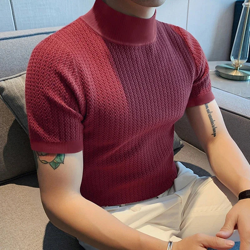 2024 Slim Fit Knitted T-shirt for Men Solid Turtleneck Casual Shirts Men's Short Sleeve Knit Sweater Bottoming Tops Streetwear