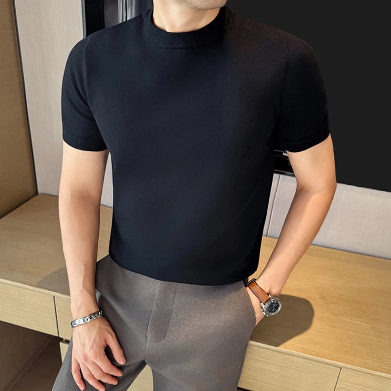 Men's High-Quality Solid Color Short Sleeve Knit T-Shirt - Slim Fit Round Neck Thickened Casual Top