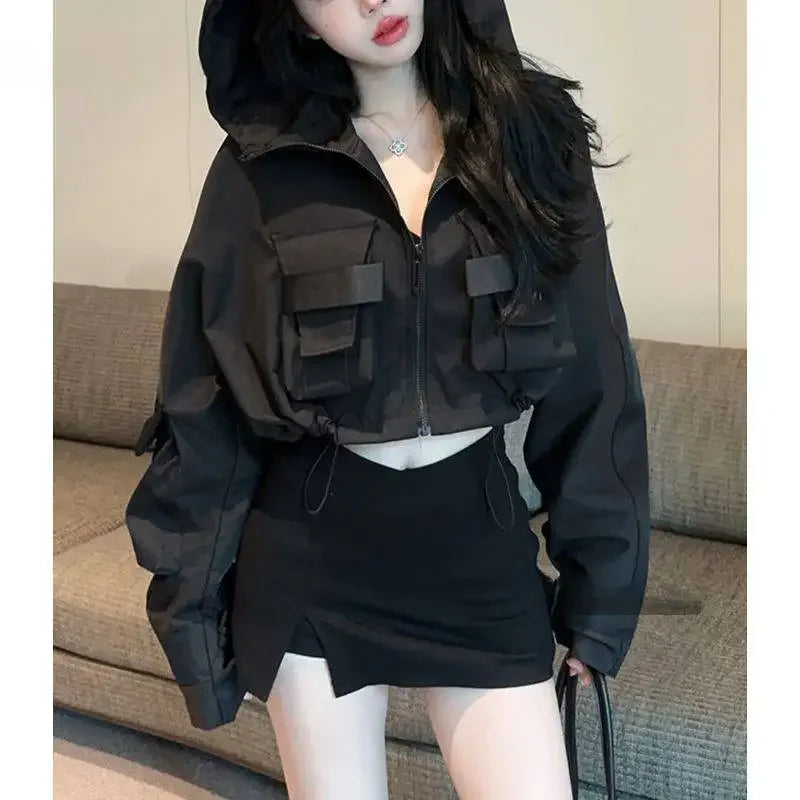 Fall Hot Sale Of The Season Women's Trendy Short Jacket Street Style Workwear Large Pocket Design Hooded Coat Casual Outerwea
