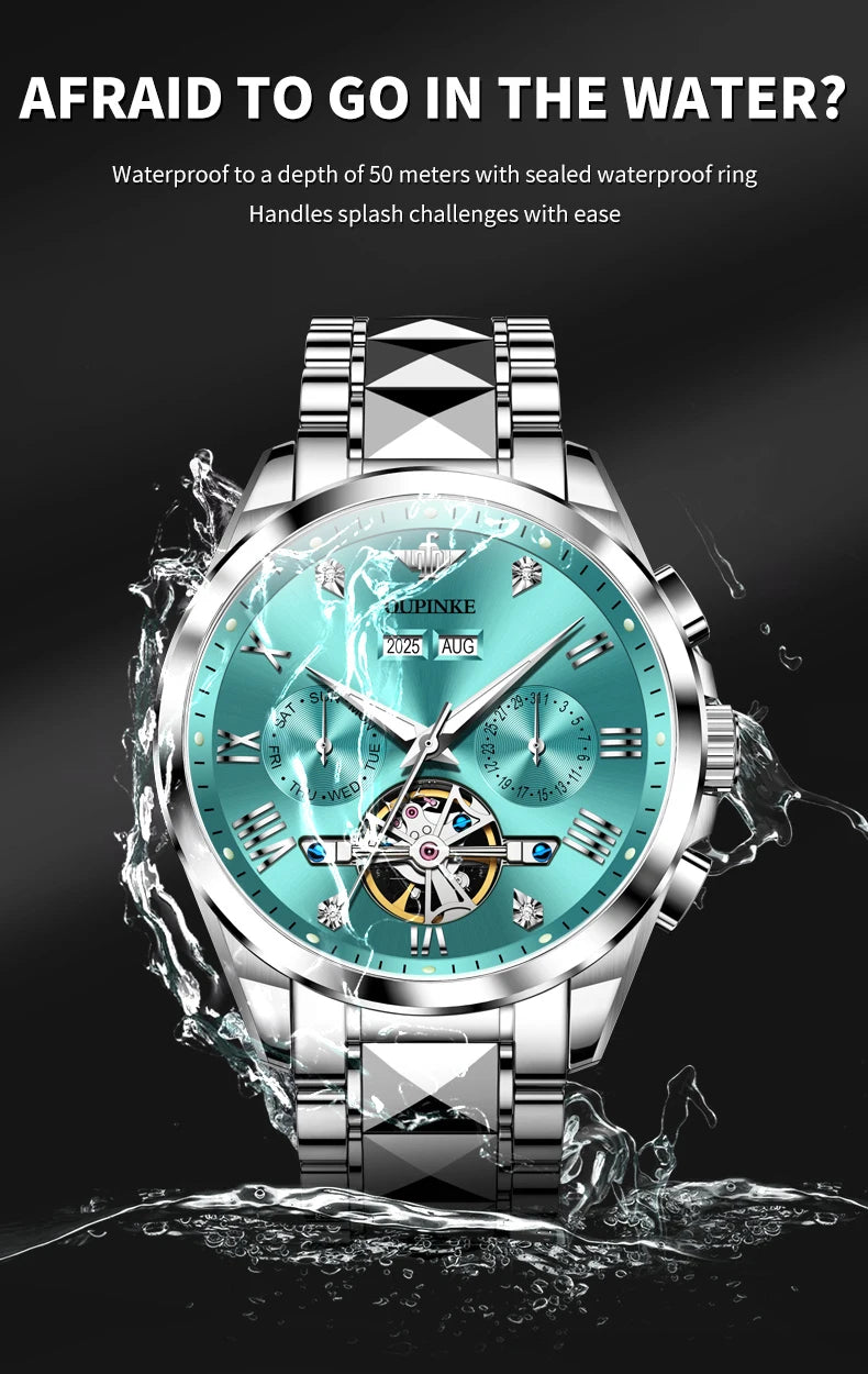 OUPINKE 3240 Skeleton Men's Watches 50m Waterproof Automatic Mechanical Watch Sapphire Luminous Date Tungsten Steel Brand Watch