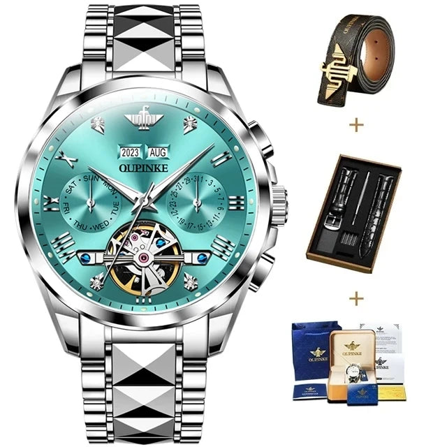 OUPINKE 3186 Men's Watches Luxury Mechanical Watch for Men Skeleton Flywheel Automatic Wristwatch Waterproof Luminous Man Watch