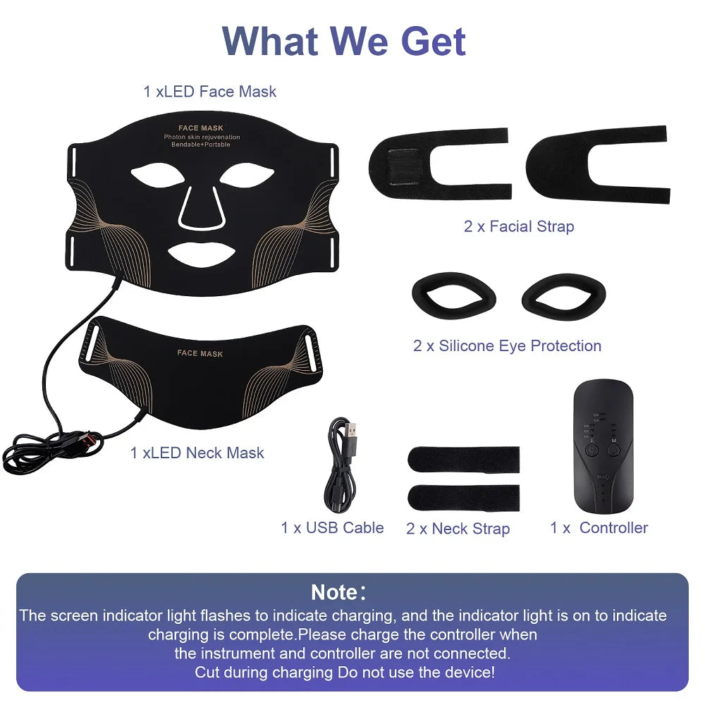 Silicone LED Mask Face And Neck 7 Colors LED Photon Red Light Infrared Therapy Flexible Facial Mask Repair Skin Wireless Use