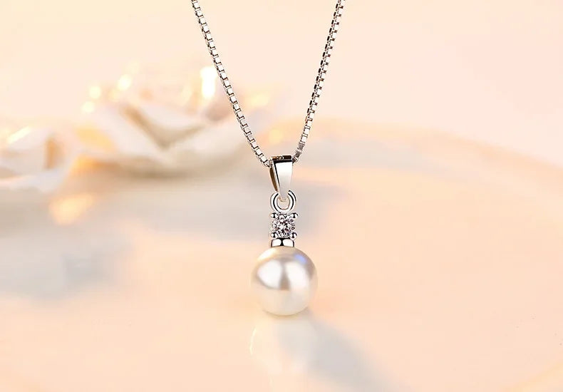 925 Sterling Silver New Ladies Fashion Jewelry High Quality Crystal Zircon Pearl Round Pendant Necklaces For Women Length 45CM