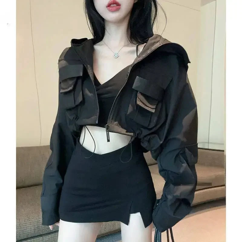 Fall Hot Sale Of The Season Women's Trendy Short Jacket Street Style Workwear Large Pocket Design Hooded Coat Casual Outerwea