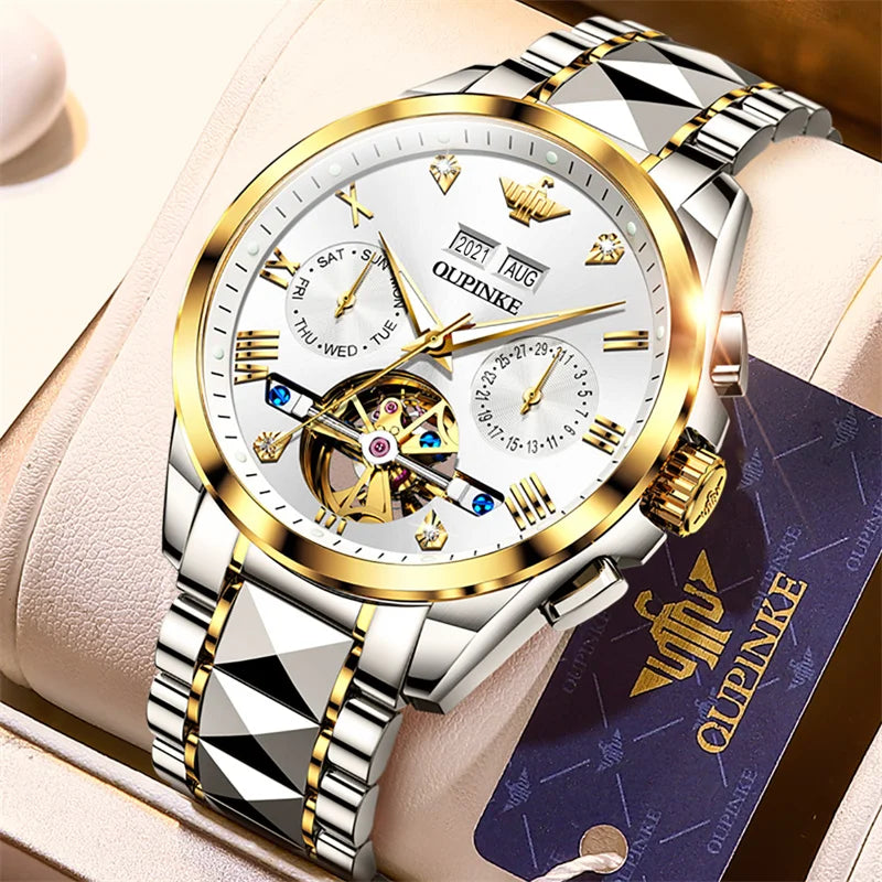 OUPINKE Tungsten Steel Automatic Mechanical Watch Men's 5Bar Waterproof Multi-functional Tourbillon Watches Relogio