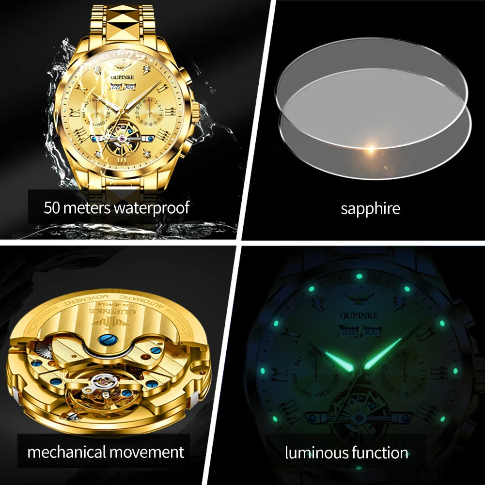 OUPINKE 3240 Skeleton Flywheel Multifunctional Automatic Mechanical Watches for Men 44mm Large Dial Tungsten Steel Luxury Watch