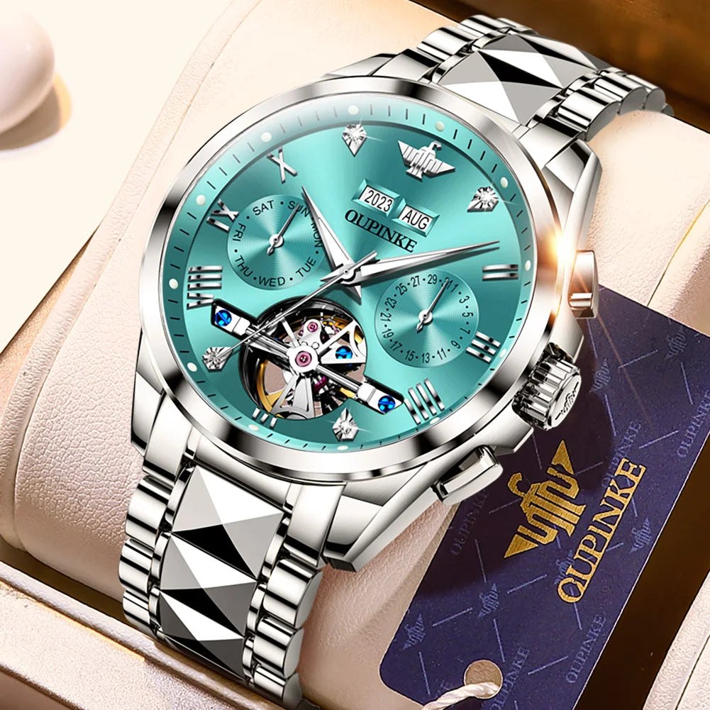 OUPINKE Tungsten Steel Automatic Mechanical Watch Men's 5Bar Waterproof Multi-functional Tourbillon Watches Relogio