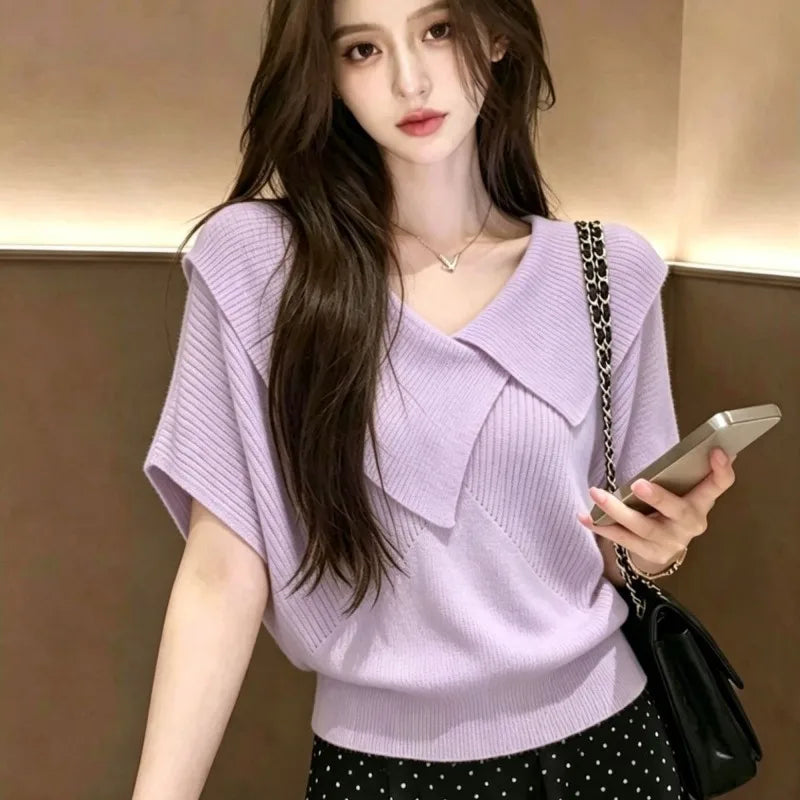 Knit T Shirt For Women Irregular Solid Spring Summer Ropa De Mujer Korean Fashion Versatile Elegant Chic Casual Short Tees