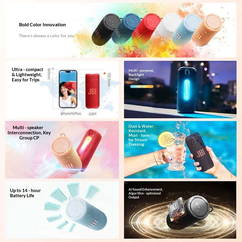 JBL GRIP Portable Wireless Bluetooth Speaker IP68 Waterproof Loudspeaker Lightweight Outdoor Daily Travel Stereo Audio
