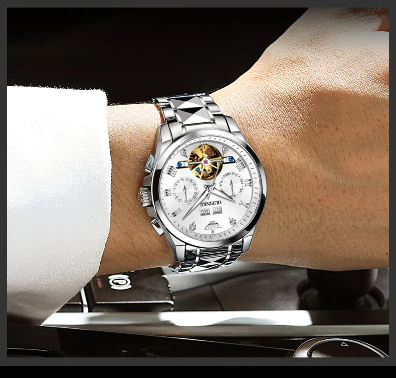 OUPINKE Tungsten Steel Automatic Mechanical Watch Men's 5Bar Waterproof Multi-functional Tourbillon Watches Relogio