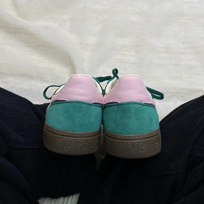 Adidas JI2648 Ladies Retro Casual Trainers Green Pink White Three Stripes Velvet Suede Lightweight Rubber Sole Daily  Sneakers