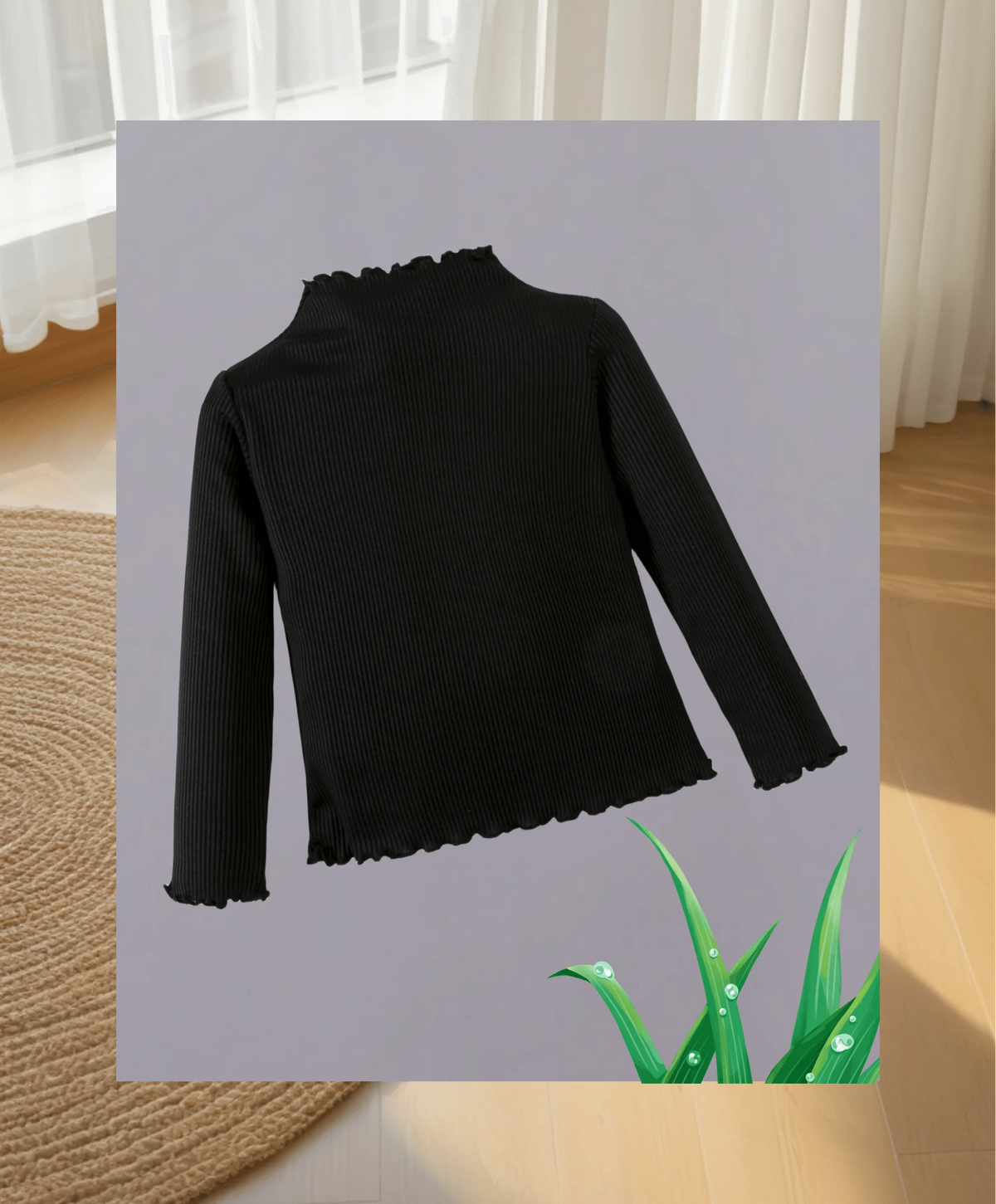 Fashionable black turtleneck knit sweater - comfortable ribbed design