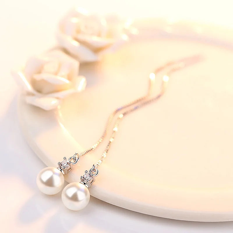 Real 925 Sterling Silver Crystal Pearl Pendant Necklace Long Drop Earrings Jewelry Sets For Women New Trendy FQL23091