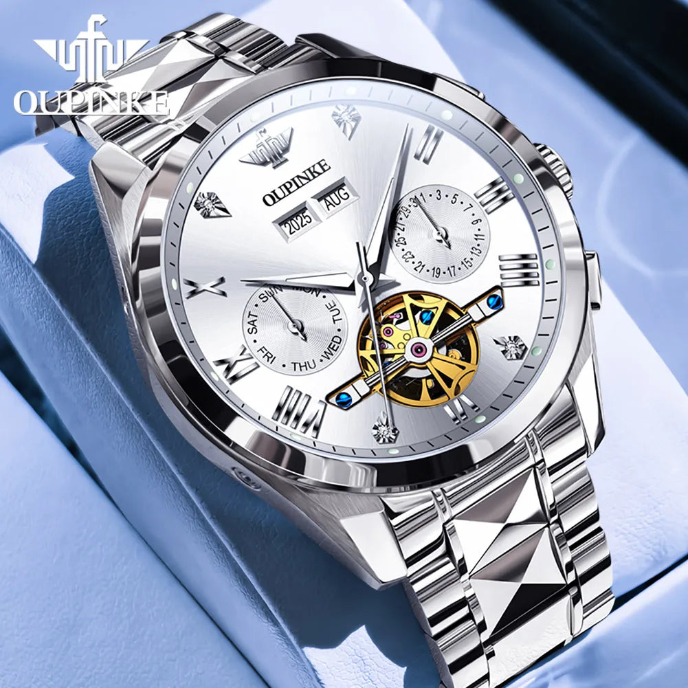 OUPINKE 3240 Skeleton Men's Watches 50m Waterproof Automatic Mechanical Watch Sapphire Luminous Date Tungsten Steel Brand Watch