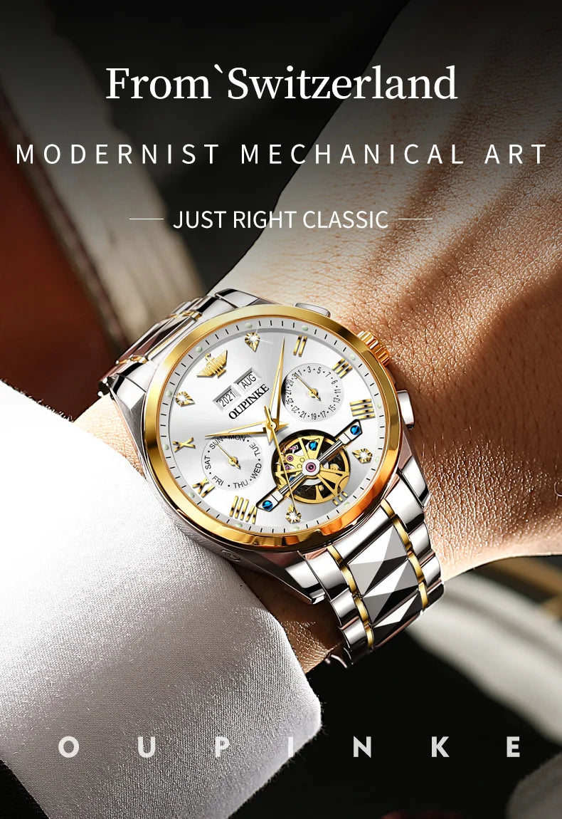OUPINKE 3186 Men Watches Multifunctional Gold Tungsten steel Flywheel Waterproof Dual Calendar Display Male Wristwatch Classic
