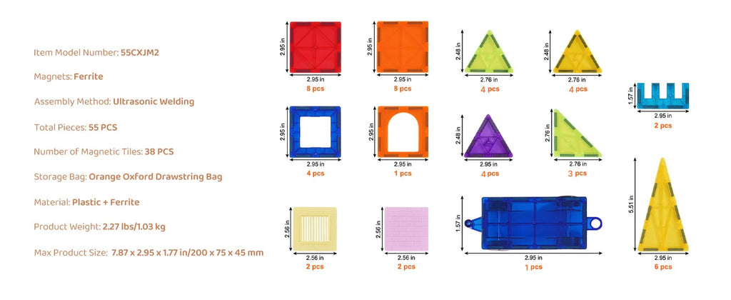 SucceBuy 55pcs Magnetic Building Blocks Construction Set Magnet Tiles Children Montessori Educational Game Toys for Kids Gifts