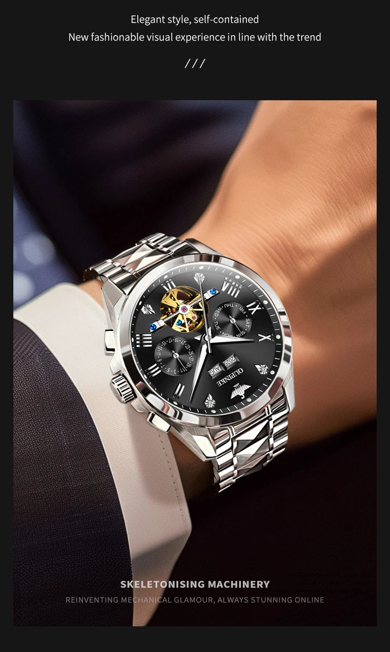 OUPINKE 3240 Skeleton Men's Watches 50m Waterproof Automatic Mechanical Watch Sapphire Luminous Date Tungsten Steel Brand Watch