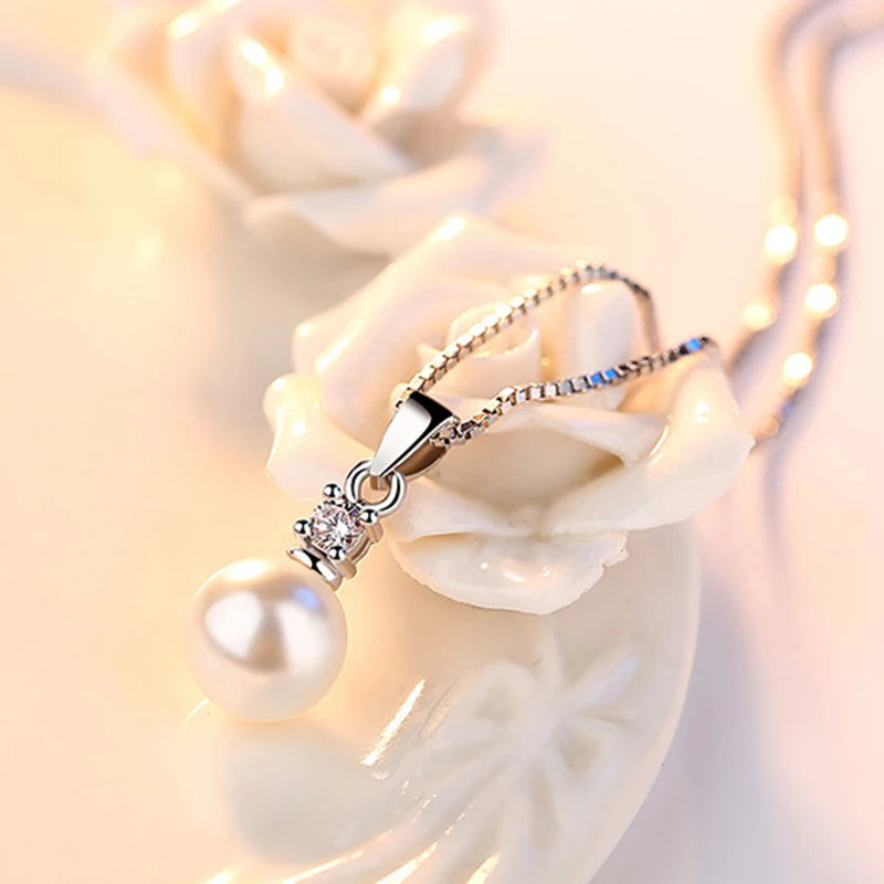 New Jewelry Women's 925 Sterling Silver Crystal Zircon Pearl Pendant Necklace Trendy FQL23255