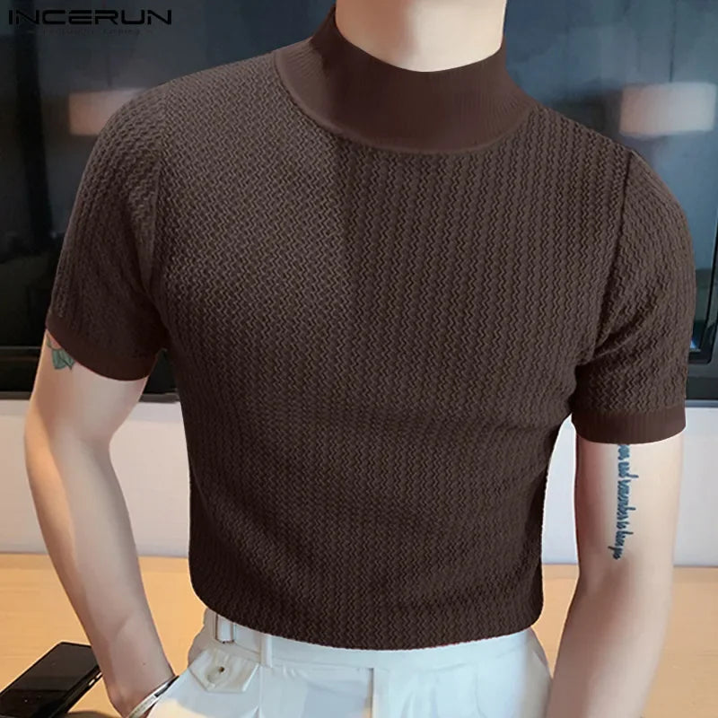 2024 Slim Fit Knitted T-shirt for Men Solid Turtleneck Casual Shirts Men's Short Sleeve Knit Sweater Bottoming Tops Streetwear