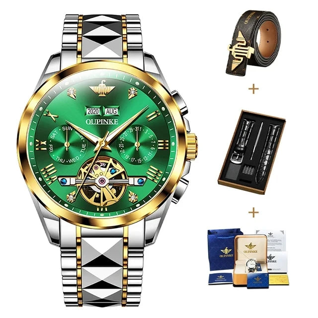 OUPINKE 3186 Men's Watches Luxury Mechanical Watch for Men Skeleton Flywheel Automatic Wristwatch Waterproof Luminous Man Watch