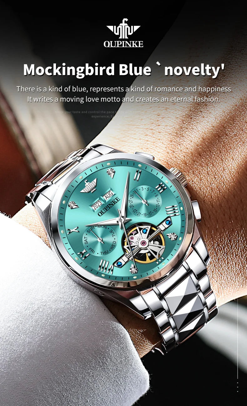 OUPINKE 3186 Men's Watches Skeleton Flywheel Automatic Mechanical Watch for Men Luxury Brand Dual Calendar Display Wristwatch